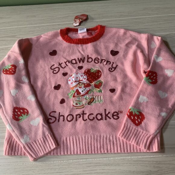 Strawberry shortcake Womens Medium Long Sleeved Sweater Pink Berries Embroidered - Picture 1 of 8